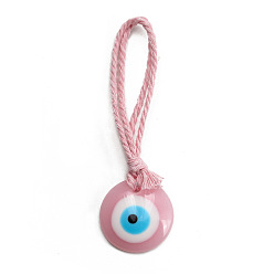 Pink Flat Round with Evil Eye Resin Pendant Decorations, Braided Cotton Cord Hanging Ornament, Pink, 10.2cm