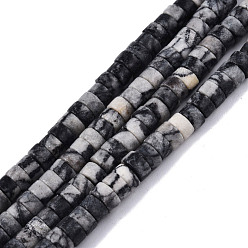 Netstone Hebras de cuentas de netstone negro natural, perlas heishi, Disco redondo plano, 6x3 mm, agujero: 1 mm, sobre 121 unidades / cadena, 15.35 pulgada (39 cm)
