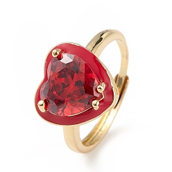 Roja Corazón de circonitas cúbicas ajustable con esmalte, joyas de latón chapado en oro real 18k para mujer, sin plomo y el cadmio, rojo, diámetro interior: 18 mm
