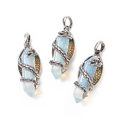 Opalite Opalite Pointed Pendants, Faceted Bullet Charms with Antique Silver Tone Alloy Dragon Wrapped, 47.5x19x18.5mm, Hole: 7.5x6mm
