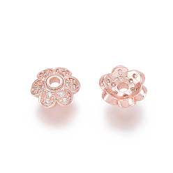 Rose Gold Brass Micro Pave Cubic Zirconia Fancy Bead Caps, 6-Petal, Flower, Clear, Rose Gold, 8x3mm, Hole: 1.7mm