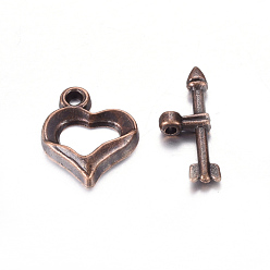 Red Copper Tibetan Style Heart Toggle Clasps, Lead Free and Cadmium Free, Red Copper, 16x13mm, Hole: 1mm