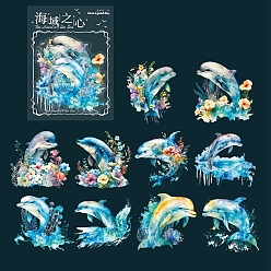 Dolphin 10Pcs Ocean Theme Waterproof PET Decorative Sticker Labels, Self-adhesive Sea Animal Decals, for DIY Scrapbooking, Dolphin, 60x60mm