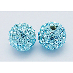 Sky Blue Grade A Rhinestone Beads, Pave Disco Ball Beads, Resin and China Clay, Round, Sky Blue, 10mm, Hole: 1.5mm