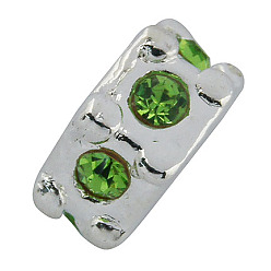 Green Alloy Rhinestone European Beads, Large Hole Beads, Hexagon, Platinum, Green, 5.5x10.5mm, Hole: 4.5mm