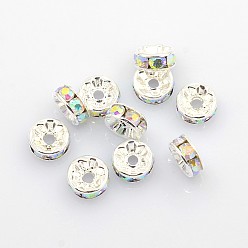 Clear AB Brass Rhinestone Spacer Beads, Grade A, AB Color, Silver Color Plated, Rondelle, Clear AB, Size: about 8mm in diameter, 3.5mm thick, hole: 2mm