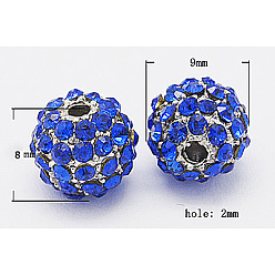 Bleu Perles en alliage, avec strass de moyen-orient, ronde, argenterie, bleu, taille: environ 9mm de diamètre, épaisseur de 8mm, Trou: 2mm