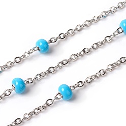 Deep Sky Blue 304 Stainless Steel Cable Chains, Satellite Chains, with Enamel, Soldered, with Spool, Flat Oval, Deep Sky Blue, 2.4x2x0.4mm, Beads: 4mm, about 32.8 Feet(10m)/roll