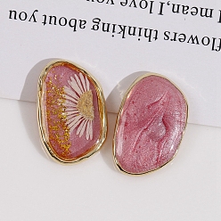 Pale Violet Red Transparent Epoxy Reisn Alloy Nuggets Cabochons, Golden, with Inner Flower, Pale Violet Red, 24x16mm