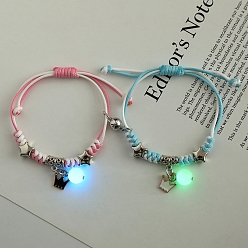 Crown 2Pcs 2 Color Luminous Beads & Alloy Enamel Charms Bracelets Set, Glow In The Dark Magnetic Charms Couple Bracleets for Best Friends Lovers, Crown Pattern, 5-7/8~11-3/4 inch(15~30cm), 1Pc/color