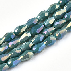 Teal Electroplate Glass Beads Strands, AB Color Plated, Faceted Teardrop, Teal, 4x3mm, Hole: 0.7mm, about 98~99pcs/strand, 16.54~16.92 inch(42~43cm)