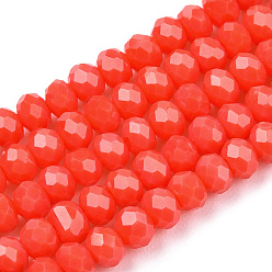Rouge Orange Perles de verre opaques de couleur unie, facette, rondelle, rouge-orange, 6x5mm, Trou: 1mm, Environ 85~88 pcs/chapelet, 16.1~16.5 pouce (41~42 cm)