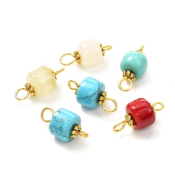 Mixed Stone Natural Mixed Gemstone Connector Charms, Column Links with Golden Plated Brass Double Loops, 17x8mm, Hole: 1.8mm & 3.5mm