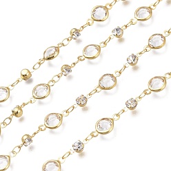 Clear Handmade Brass Link Chains, with Faceted Glass, Rhinestone and Spool, Soldered, Long-lasting Plated, Flat Round, Golden, Clear, Glass Links: 13x6.5x3mm,  Rhinestone Links: 8x4x3.5mm, Link: 4.5x2.5x0.4mm, about 32.8 Feet(10m)/roll