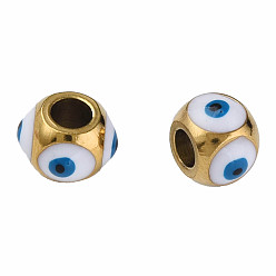 White 201 Stainless Steel Enamel Beads, Round with Evil Eye, Golden, White, 8.5x8.5x6mm, Hole: 3mm