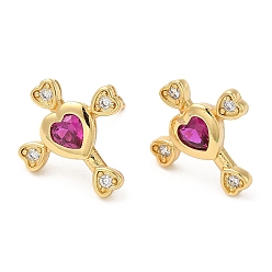 Real 18K Gold Plated Rack Plating Brass Cross with Love Stud Earrings with Cubic Zirconia, Lead Free & Cadmium Free, Real 18K Gold Plated, 15x13.5mm