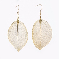 Golden Brass Plated Natural Leaf Dangle Earrings, with 304 Stainless Steel Earring Hooks, Golden, 105mm, Pin:0.7mm