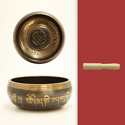 Oro Juego de cuenco tibetano de latón y percutor de madera, cuenco de sonido de meditación de buda de nepal, cuencos de sonido de yoga, para la relajación y la meditación holísticas para el alivio del estrés, dorado, 100.5x45 mm, diámetro interior: 90.5 mm