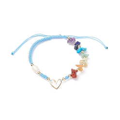 Bleu Ciel Clair Bracelets de perles tressées en pierres naturelles mélangées et perles d'eau douce, bracelet à maillons coeur en laiton pour homme femme, lumière bleu ciel, diamètre intérieur: 2~3-5/8 pouce (5.1~9.1 cm)