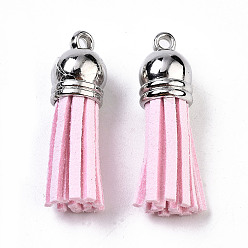 Pink Faux suède pendentif pompon décorations, avec extrémités de cordon en plastique ccb, platine, rose, 35~37x10mm, Trou: 1.8mm