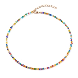 Colorful Round Transparent Frosted Glass Seed Beaded Necklaces, with Alloy Lobster Claw Clasps, Golden, Colorful, 15.07 inch(38.5cm)