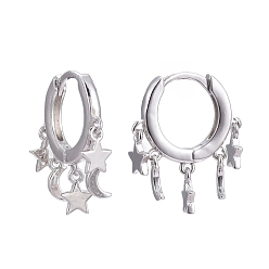Real Platinum Plated Brass Huggie Hoop Earrings, Long-Lasting Plated, Star and Moon, Real Platinum Plated, 18.5mm, Pin: 0.9mm