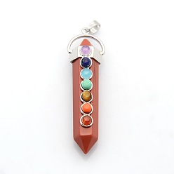 Jaspe Rouge Yoga chakra bijoux en laiton plaqué platine pierre précieuse à double extrémité pointue gros pendentifs, jaspe rouge, 58x17x16mm, Trou: 7x6mm