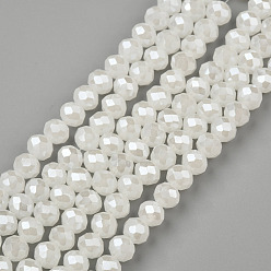 Creamy White Electroplate Glass Beads Strands, Imitation Jade Beads, Pearl Luster Plated, Faceted, Rondelle, Creamy White, 8x6mm, Hole: 1mm, about 68~70pcs/strand, 16 inch(40cm)