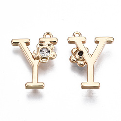 Letter Y Brass Pendants, with Rhinestones, Alphabet, Golden, Letter.Y, 18x13x2.5mm, Hole: 1mm