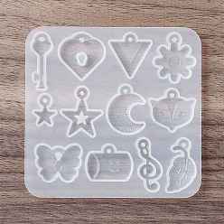 White DIY Pendant Silicone Molds, Resin Casting Molds, Heart Key, Heart Lock, Triangle, Flower, Star, Moon, Fox's Head, Butterfly, Musical Note, Leaf, Cup, White, 77x79x4mm, Hole: 1.5~2.5mm, Inner Diameter: 11.5~25x9~20mm