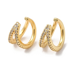 Real 18K Gold Plated Clear Cubic Zirconia Double Line Cuff Earrings, Rack Plating Brass Jewelry, Long-Lasting Plated, Cadmium Free & Lead Free, Real 18K Gold Plated, 13x13x8mm