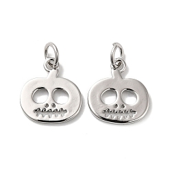 Platinum Rack Plating Brass Charms, with Jump Ring, Lead Free & Cadmium Free, Long-Lasting Plated, Skull Pumpkin Charm, Platinum, 13x12x1mm, Hole: 3.5mm