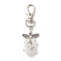 Quartz Crystal Natural Quartz Crystal Beaded Cluster Pendant Decorates, with Swivel Clasps, Lobster Clasp Charms, Clip-on Charms, for Keychain, Purse, Backpack Ornament, Stitch Marker, Wings, 67~68mm