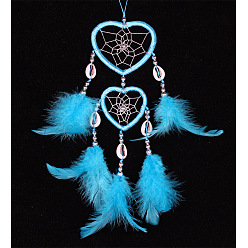 Deep Sky Blue Feather Pendant Decoration with Natural Shell Beaded, Woven Net/Web with Feather, Art Hanging Decors for Garden Window Party, Deep Sky Blue, 350~400mm