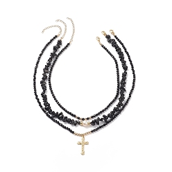 Noir 3 pcs 3 style 304 ensemble de colliers pendentif corss en acier inoxydable, colliers empilables de perles d'onyx noir naturel, d'obsidienne et de perles pour femmes, noir, 14.96~19.29 pouce (38~49 cm), 1 pc / style