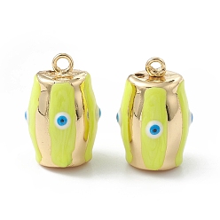 Yellow Brass Enamel Pendants, Real 18K Gold Plated, Barrel with Evil Eye Charm, Yellow, 25x16.5x16mm, Hole: 2.2mm