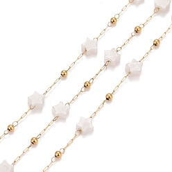 White Moonstone Ion Plating(IP) 304 Stainless Steel Satellite Chains, with White Moonstone Star Beaded, Unwelded, with Spool, Golden, 4x4x2mm