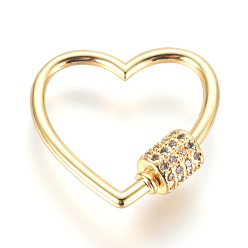 Золотой Латунные микропаве, кубический цирконий, винт, карабин, подвески с замком, для изготовления ожерелий, сердце, прозрачные, золотые, 23x23x2~5.5 мм