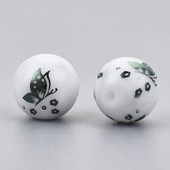 Green Plated Electroplate Glass Beads, Round with Butterfly Pattern, Green Plated, 10mm, Hole: 1.2mm