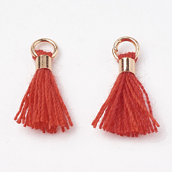 Rouge Décorations pendentif gland en polycoton (polyester coton), mini pompon, avec les accessoires en laiton, or et de lumière, rouge, 10~15x3~4mm, Trou: 2mm