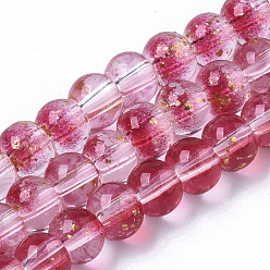 Camellia Transparent Spray Painted Glass Bead Strands, with Golden Foil, Round, Camellia, 4~5mm, Hole: 0.9~1.2mm, about 95~103pcs/Strand, 13.78 inch~14.88 inch(35~37.8cm)