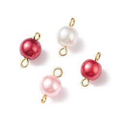 Roja Dijes de conector de perla de imitación de vidrio, con lazos dobles de hierro chapados en oro, rondo, rojo, 14x7.5 mm, agujero: 1.8 mm y 2.5 mm