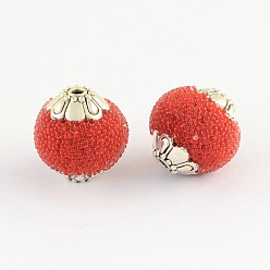 Rouge Perles rondes indonésiennes manuelles, avec, argent antique noyaux en alliage de couleur métallique, rouge, 13~15x13~14mm, Trou: 1.5mm