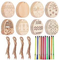 Mixed Patterns 40Pcs 8 Style DIY Egg Shape Handmade Hollow Out Graffiti Wood, with 1 Bag Watercolor Pen, Easter Theme Pendant Decorations, Mixed Patterns, 8x6x0.2cm, Hole: 3.2mm, 10pcs/set