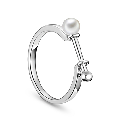 Platinum Stylish Rhodium Plated 925 Sterling Silver Finger Ring, Stick with Shell Pearl, Platinum, 18mm, Pearl about 6mm in diameter
