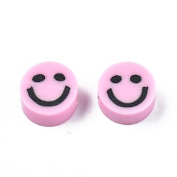 Perlas de Color Rosa Abalorios de la arcilla de polímero hechos a mano, plano y redondo con la cara sonriente, rosa perla, 8~9x4 mm, agujero: 1.5 mm
