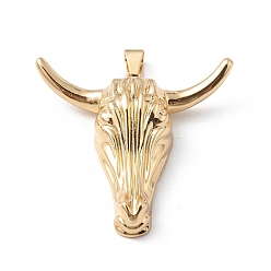 Real 18K Gold Plated Rack Plating Brass Big Pendants, Long-Lasting Plated, Cadmium Free & Lead Free, Bull Charm, Real 18K Gold Plated, 46x50x13mm, Hole: 9x5mm