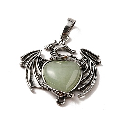 Green Aventurine Natural Green Aventurine Heart Pendants, Dragon Charms, with Rack Plating Antique Silver Plated Brass Findings, Lead Free & Cadmium Free, 33x33.5~34x7~7.5mm, Hole: 8x5mm
