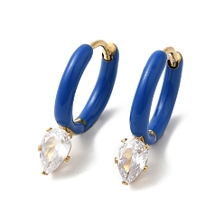 Royal Blue Glass Teardrop Dangle Hoop Earrings with Enamel, Real 14K Gold Plated 304 Stainless Steel Jewelry, Royal Blue, 20x15x4.5mm, Pin: 1mm