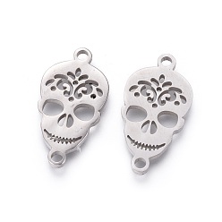 Stainless Steel Color 201 Stainless Steel Links, Manual Polishing, Sugar Skull, For Mexico Holiday Day of the Dead, Stainless Steel Color, 20x10.5x1.5mm, Hole: 1.6mm